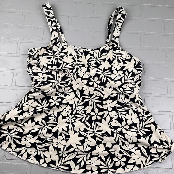 Lands End Swim Top Women XLarge 18‎ Black White Floral Bra Pads Tankini - Picture 1 of 10